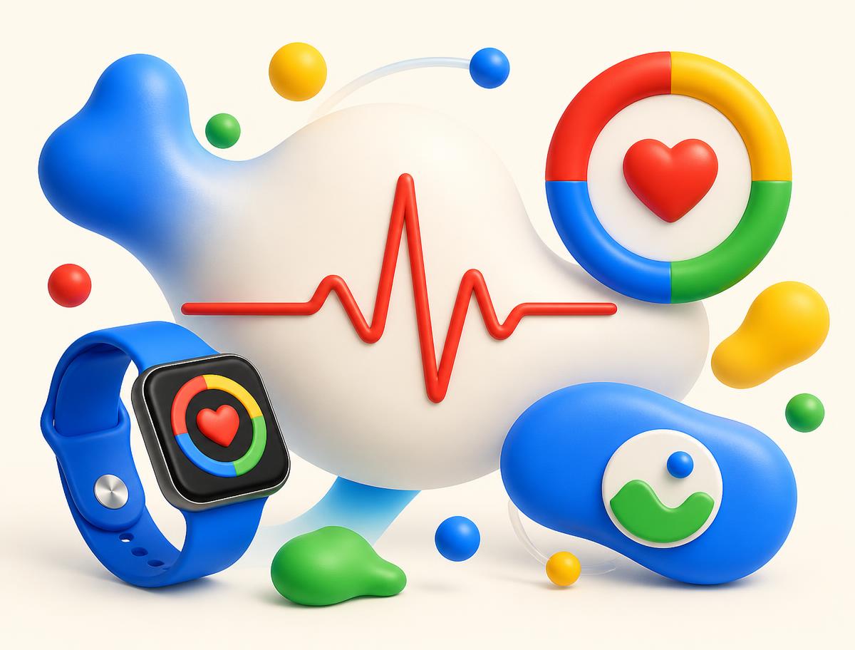 Abstract illustration of wearables, heart-rate signals and connected health devices